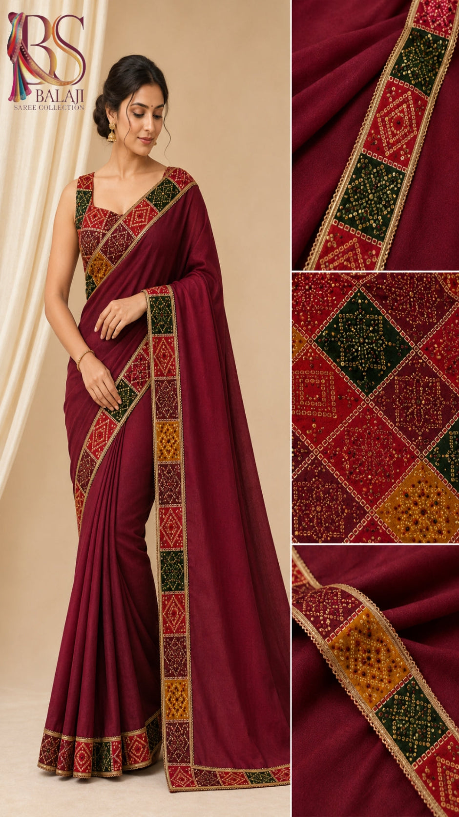 Women's Bandhani Border Saree with Stiched Blouse