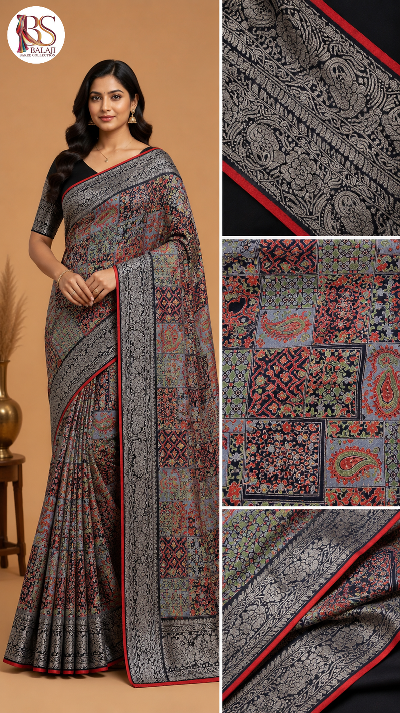 Heritage Patchwork Printed Silk Saree with Ornate Woven Border