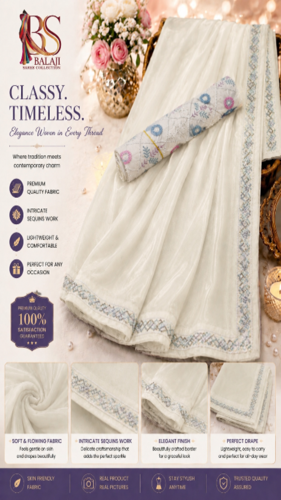 Premium Organza Saree with Sequins Border & Designer Blouse