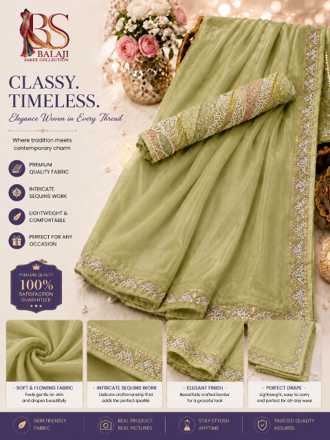 Premium Organza Saree with Sequins Border & Designer Blouse