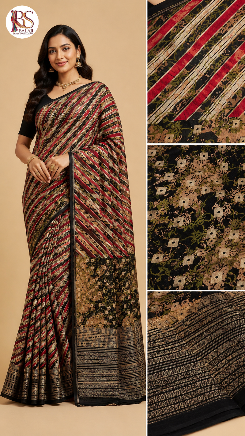Abstract Stripe Printed Silk Saree with Designer Woven Border