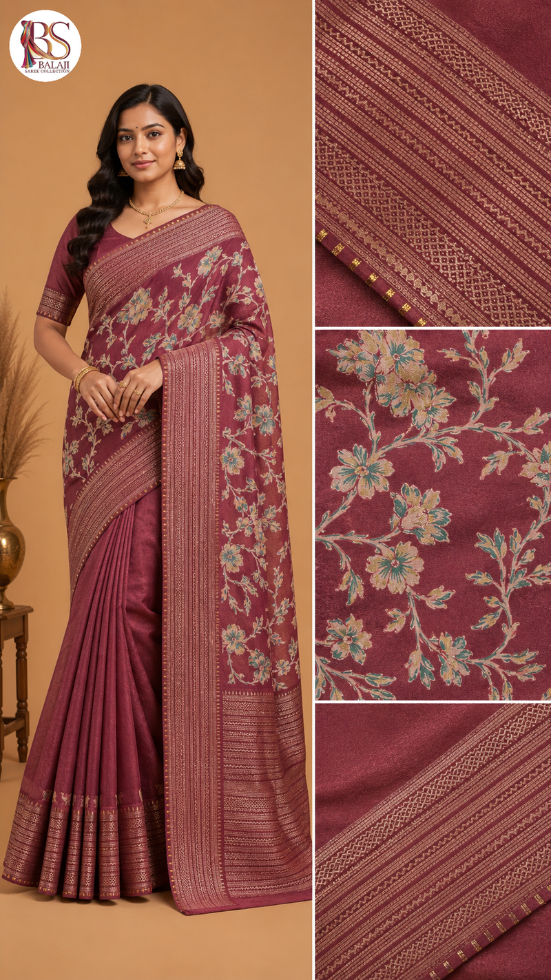 Floral Printed Soft Silk Saree with Traditional Woven Border