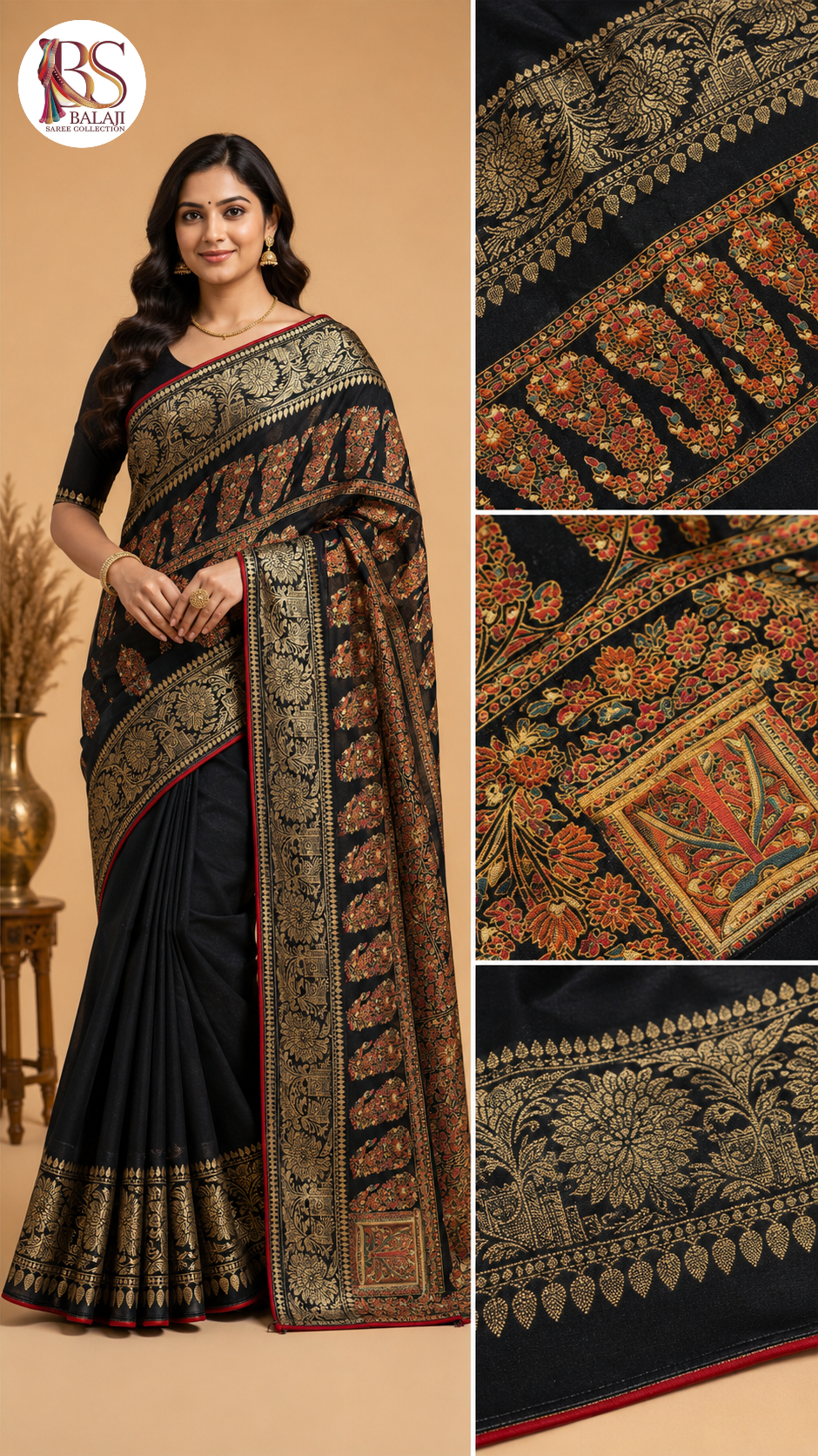 Heritage Kalamkari Printed Silk Saree with Grand Zari Border