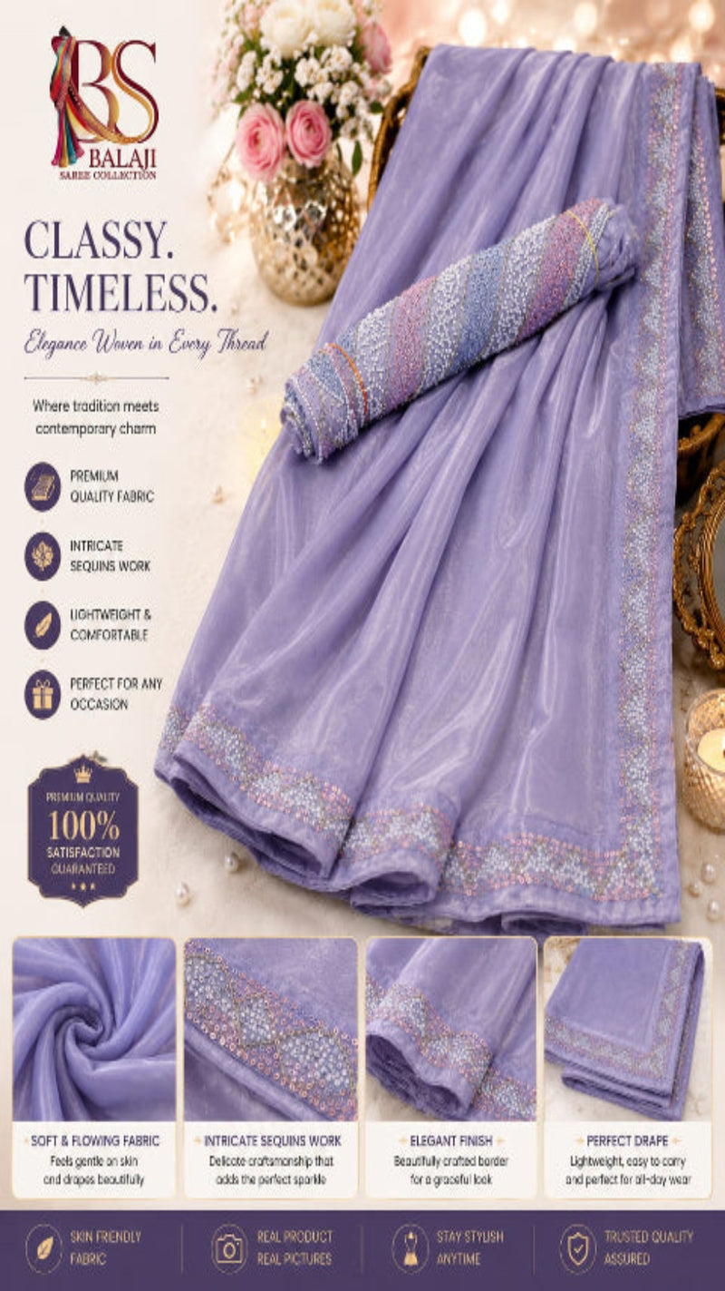 Premium Organza Saree with Sequins Border & Designer Blouse