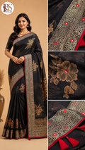 Floral Zari Print Silk Saree with Contrast Designer Border