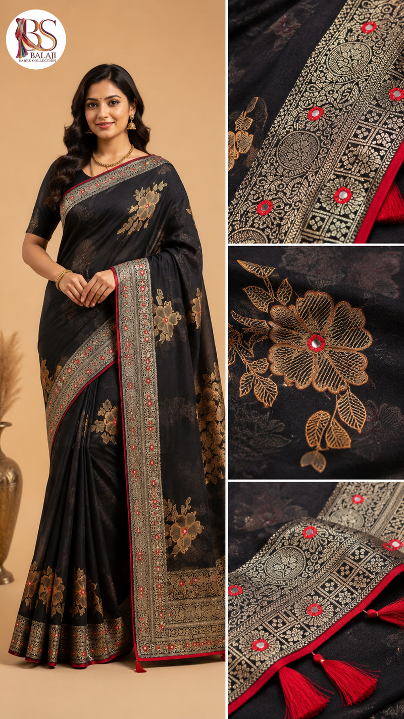 Floral Zari Print Silk Saree with Contrast Designer Border
