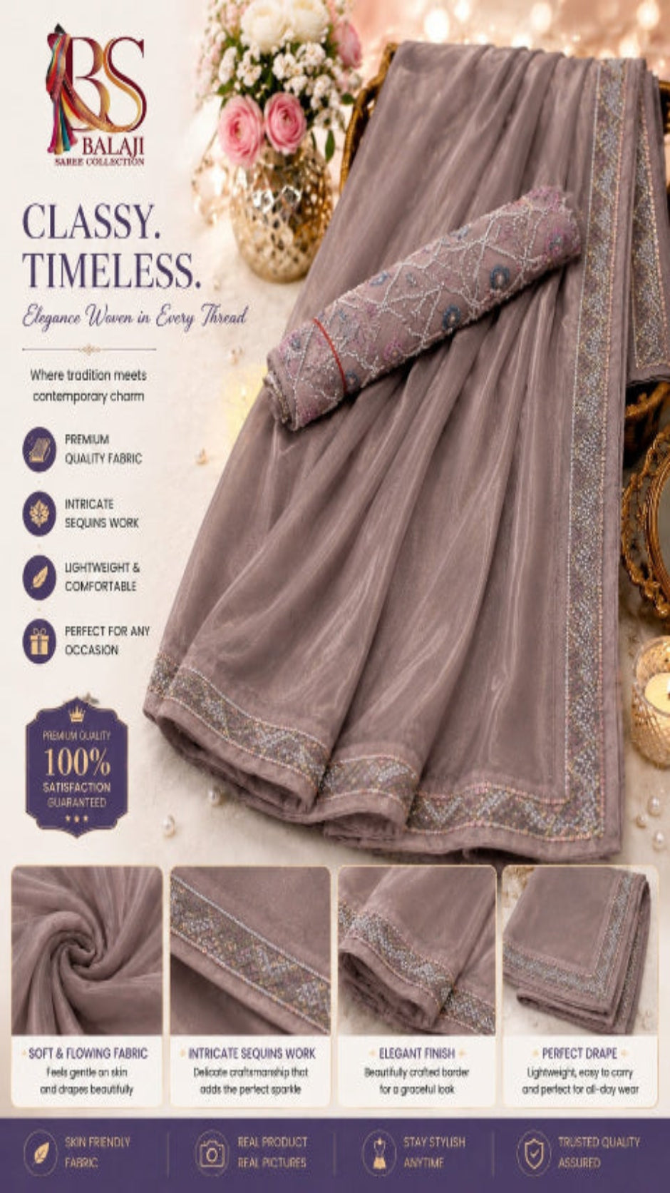 Premium Organza Saree with Sequins Border & Designer Blouse